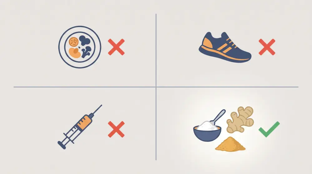 Quadrant graphic with three squares crossed out - diet plate, running shoe, syringe - and the fourth highlighted with baking soda, ginger and berberine