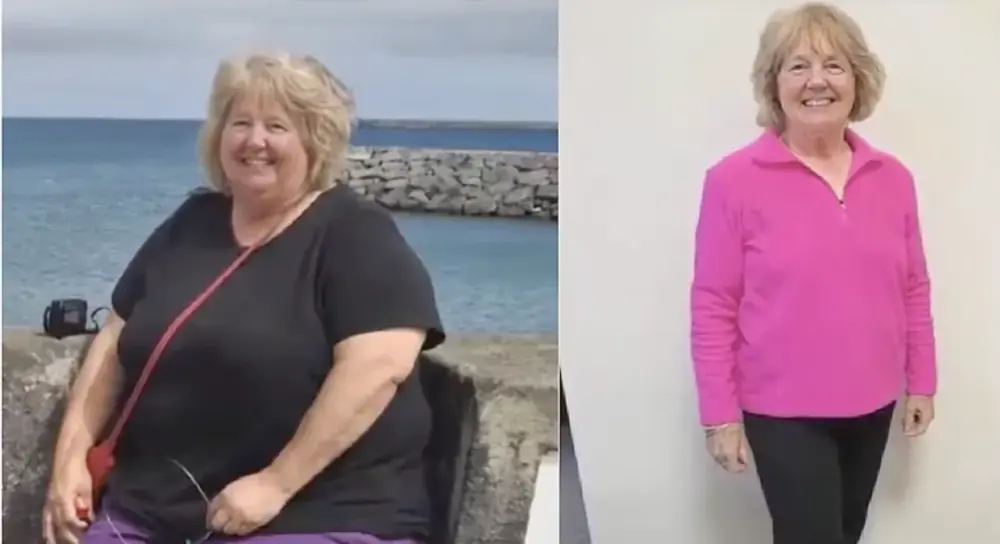Before and after of Linda, 63, retired teacher, before tired in a baggy cardigan, after 22 pounds lighter smiling in a fitted sweater holding a SlimSoda tub